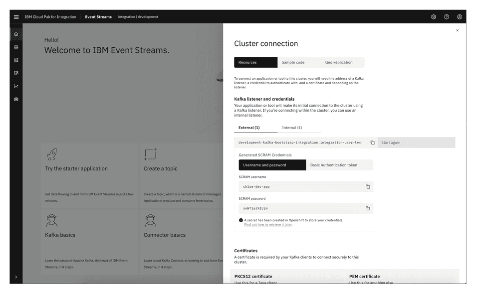 A generated SCRAM credential is displayed in IBM Event Streams.