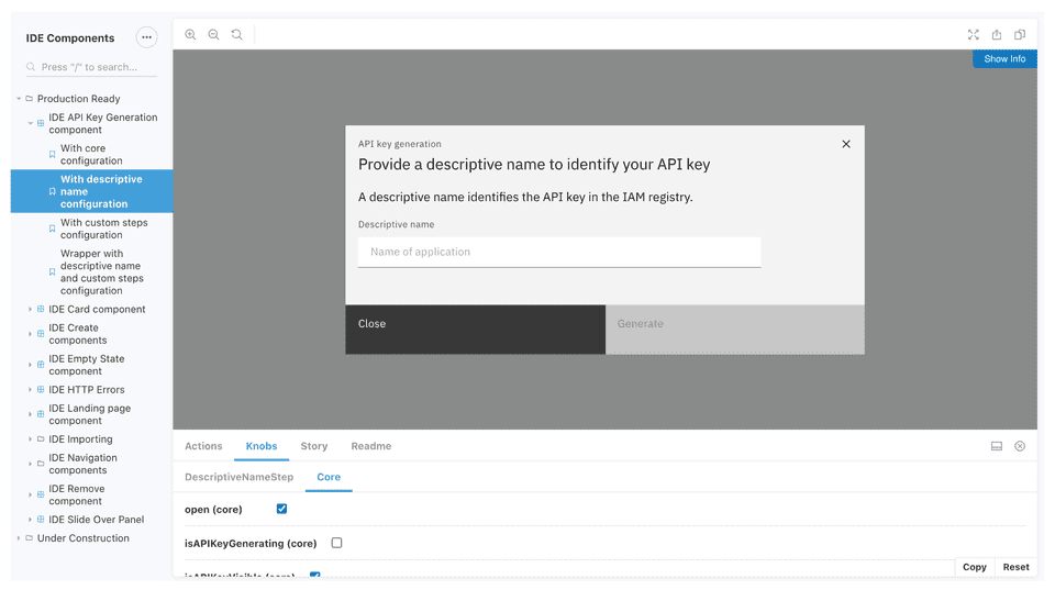 Designers and developers can consume the Generate an API key pattern via the storybook.