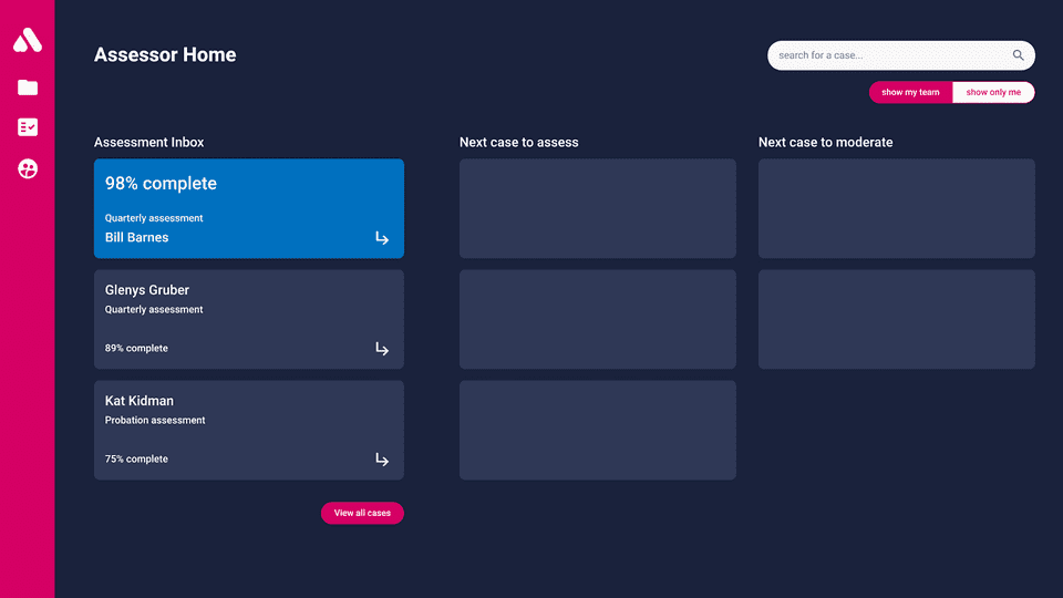 The designer's first concept - a dark blue screen with bright pink navigation